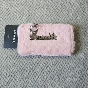 Playboy Wallet Pink Faux Fur Zip Around Rhinestone Logo Bunny Charm NWT